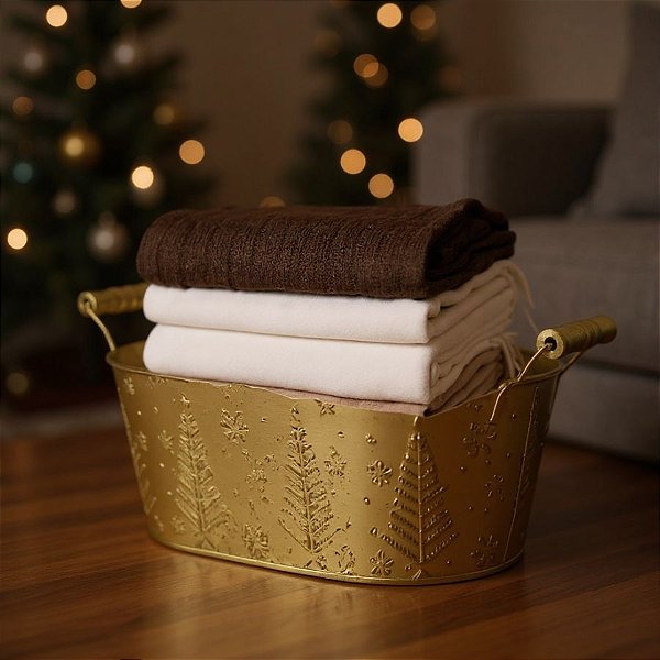 Cachepot De Metal De Natal - Pinheiros e Flocos De Neve - Dourado - 14,5x34,5cm - 1 unidade - Cromus - Rizzo