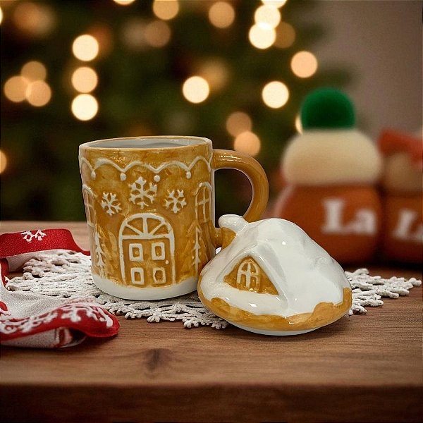 Caneca De Cerâmica Com Tampa - Casa Ginger Bread - 440ml - 1 unidade - Cromus - Rizzo