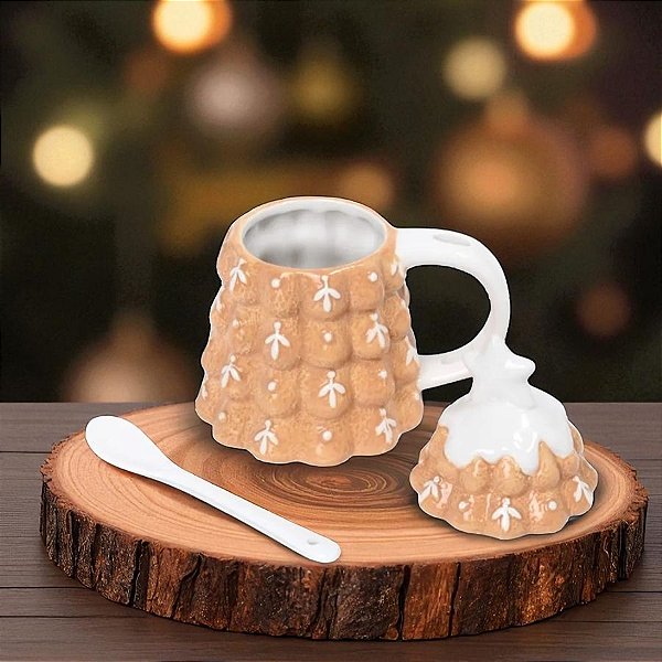 Caneca Com Tampa e Colher  - Árvore De Natal Ginger Bread - 350ml - 1 unidade - Cromus - Rizzo