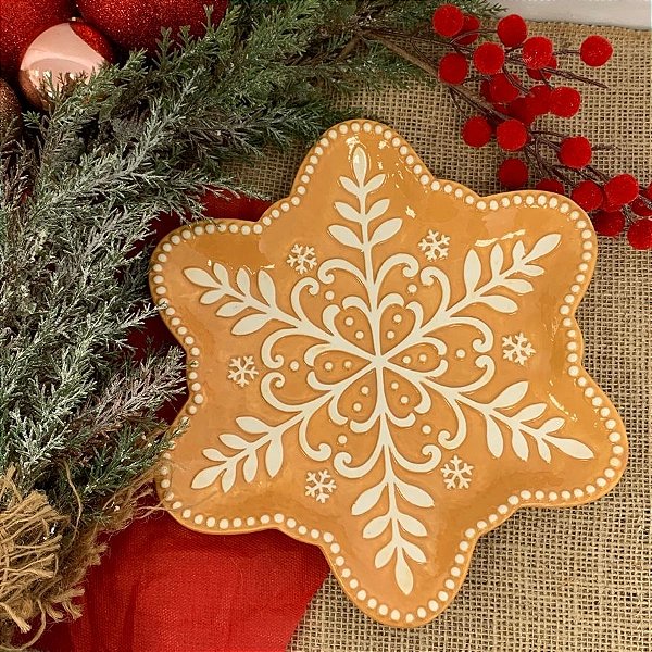 Bandeja Decorativa De Natal De Cerâmica - Floco De Neve Ginger Bread - Marrom e Branco - 26cm  - 1 unidade - Cromus - Ri