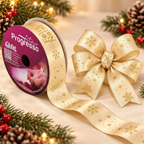 Fita de Cetim 10m x 22mm - Cor 1080 - Feliz Natal Ouro - Rolo 10 metros - 1 unidade - Progresso - Rizzo