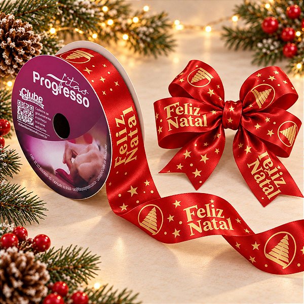 Fita de Cetim 10m x 22mm - Cor 1079 - Feliz Natal Vermelho - Rolo 10 metros - 1 unidade - Progresso - Rizzo