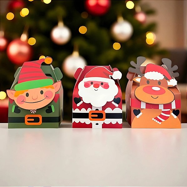 Mini Caixa de Papel de Natal - Papai Noel, Rena e Elfo - 11,5x11x8,5cm - 12 unidades - Artlille - Rizzo