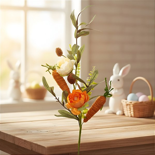 Galho Decorativo de Páscoa - Cenouras e Flores Branca/Laranja - 65cm - 1 unidade - Cromus - Rizzo