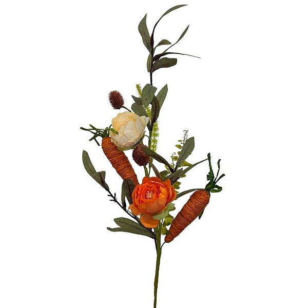 Galho Decorativo de Páscoa - Cenouras e Flores Branca/Laranja - 65cm - 1 unidade - Cromus - Rizzo