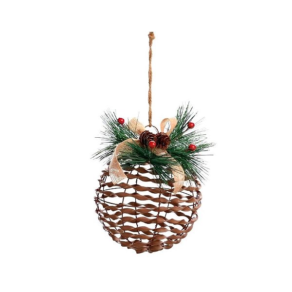 Bola de Natal - Rattan com Laço Xadrez - Marrom - 15cm - 1 unidade - Cromus - Rizzo