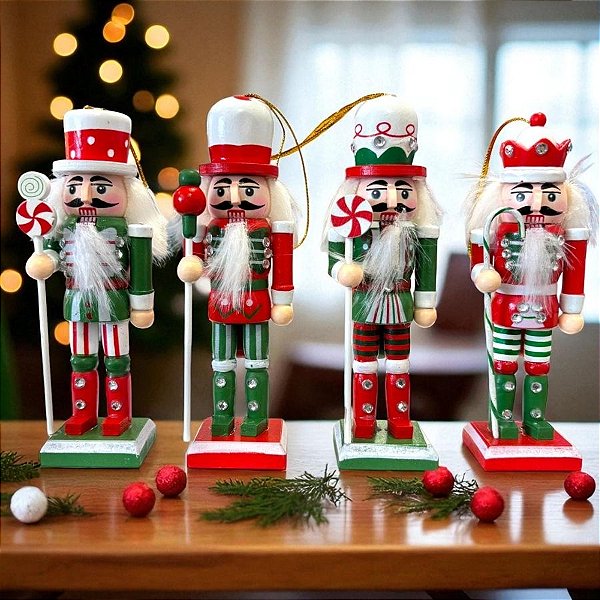 Kit Boneco Soldado Quebra Nozes de Madeira - Vermelho e Verde - 12cm  - 4 unidades - Rizzo