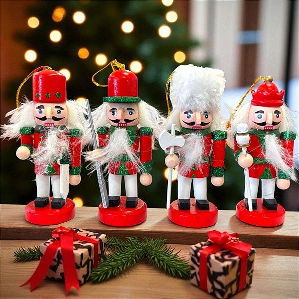 Kit Boneco Soldado Quebra Nozes de Madeira - Vermelho e Verde - 10cm  - 4 unidades - Rizzo