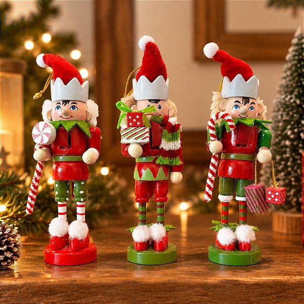 Kit Boneco Duendes de Madeira - Vermelho e Verde - 12cm - 3 unidades - Rizzo