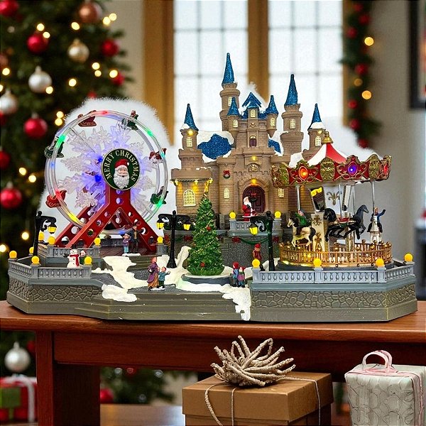 Cenário De Natal - Carrossel e Roda Gigante com Som , Luz e Movimento - 59x37x47cm - 1 unidade - Rizzo