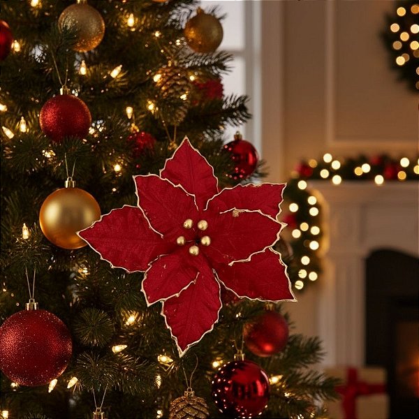 Poinsétia Decorativa - Camurça - Marsala e Dourado - 39x30cm - 1 unidade - Cromus - Rizzo