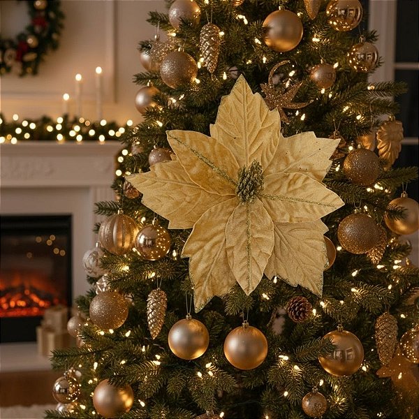Poinsétia Decorativa - Camurça Com Glitter - Dourado e Bege - 44x34cm - 1 unidade - Cromus - Rizzo