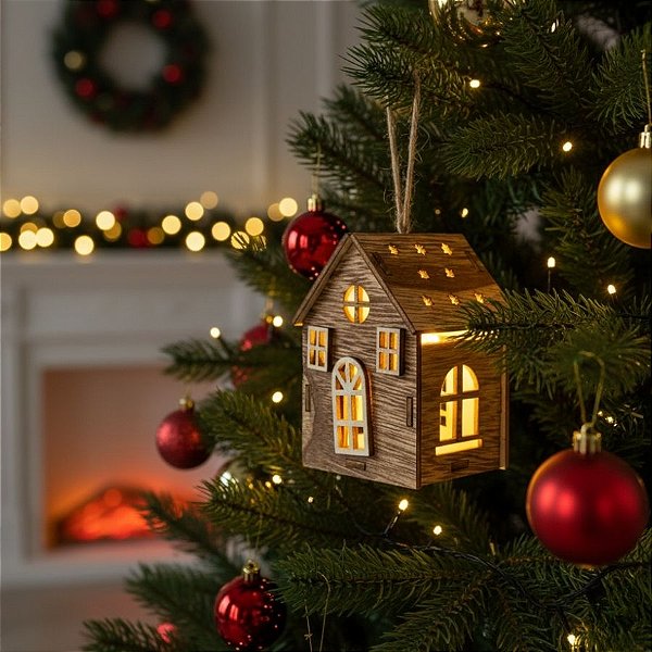 Enfeite Para Pendurar de Natal - Casa De Madeira Com LED Cor Quente - Marrom - 8,5x6,5cm - 1 unidade - Cromus - Rizzo