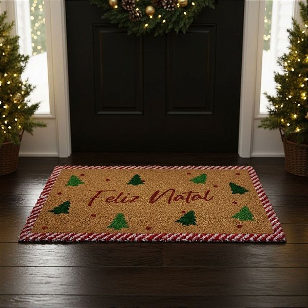 Capacho De Fibra - Feliz Natal Com Árvore de Natal - 60x40cm  - 1 unidade - Cromus - Rizzo