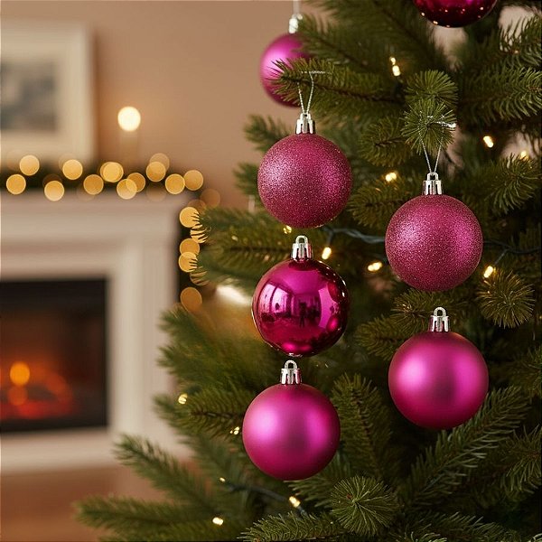 Bolas de Natal em Tubo - Rosa Brilhante, Matte e Glitter - 8cm  - 6 unidades - Cromus - Rizzo