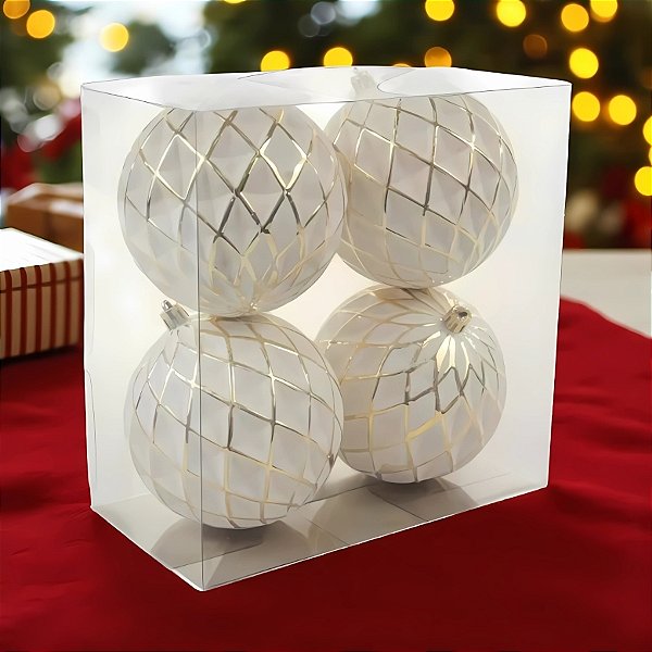 Bolas de Natal - Branca com Detalhes Dourados - 10cm - 4 unidades - Cromus - Rizzo