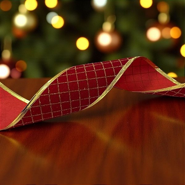 Fita Aramada Decorativa de Natal Profissional - Vermelho Com Borda Ouro - 91,4m - 1 unidade - Cromus - Rizzo