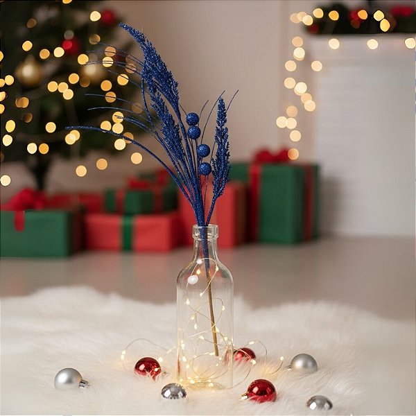 Galho Decorativo de Natal - Folhas e Frutas -  Azul Marinho Com Glitter - 77,5x21x8,5cm - 1 unidade - Cromus - Rizzo