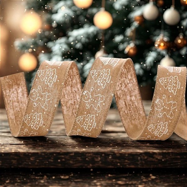 Fita Aramada Decorativa de Natal - Gingerbread - Branco e Marrom - 3,8x914cm - 1 unidade - Cromus - Rizzo