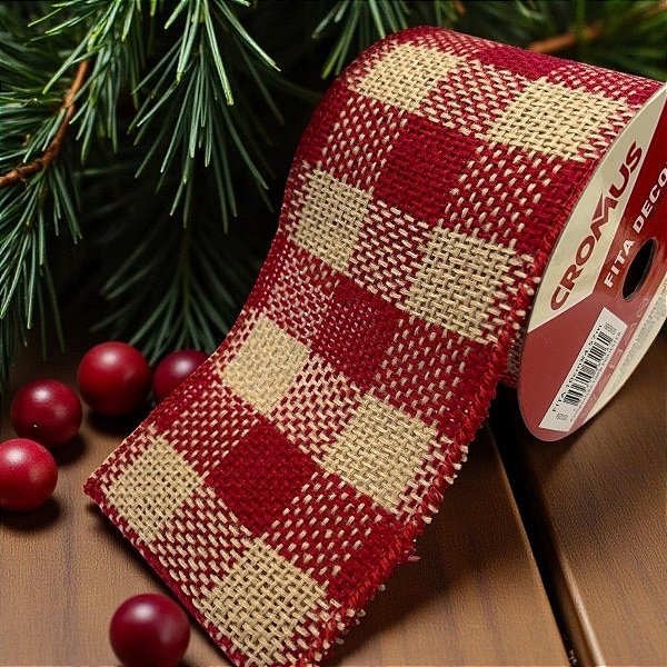 Fita Aramada Decorativa de Natal - Xadrez - Vermelho e Bege - 10x457cm - 1 unidade - Cromus - Rizzo