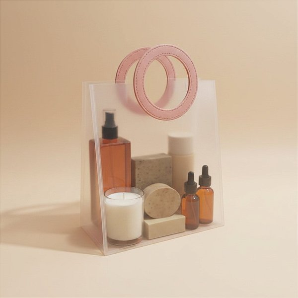 Sacola Transparente Fosca PVC com Alça Redonda de Couro Rosa - 18,5x16x8cm  - 10 unidades - Rizzo
