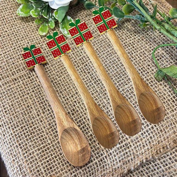 Kit Mini Colher de Madeira - Presentinho de Natal - 13cm - 4 unidades - Cromus - Rizzo