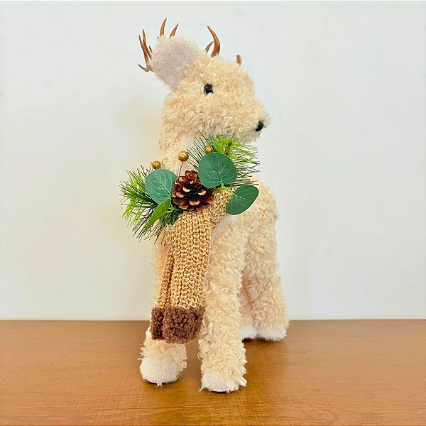 Enfeite Decorativo de Natal - Rena Bege - Cachecol e Plantas - 39,5x22x11,5cm - 1 unidade - Cromus - Rizzo