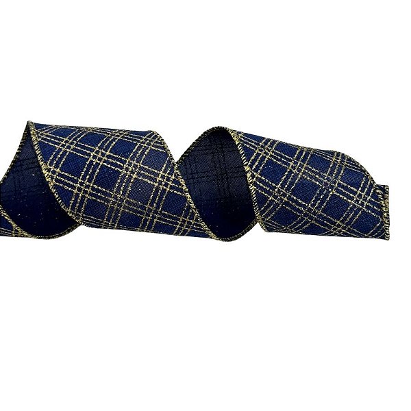 Fita Aramada Decorativa de Natal - Xadrez Azul e Ouro - 6,3cmx9,14m - 1 unidade - Cromus - Rizzo