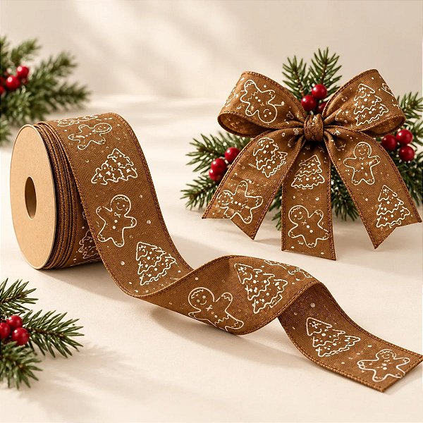 Fita Aramada Decorativa de Natal - Biscoito e Árvore - Marrom e Branco - 6,3cmx9,14m - 1 unidade - Cromus - Rizzo
