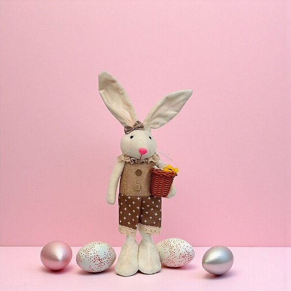 Enfeite Decorativo de Páscoa - Coelho em Pé com Cesto de Flor - 38x10cm - 1 unidade - Rizzo