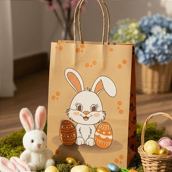 Sacola de Papel Kraft - 23,5x17x31,5cm - Páscoa Rabbit    - 10 unidades - Rizzo