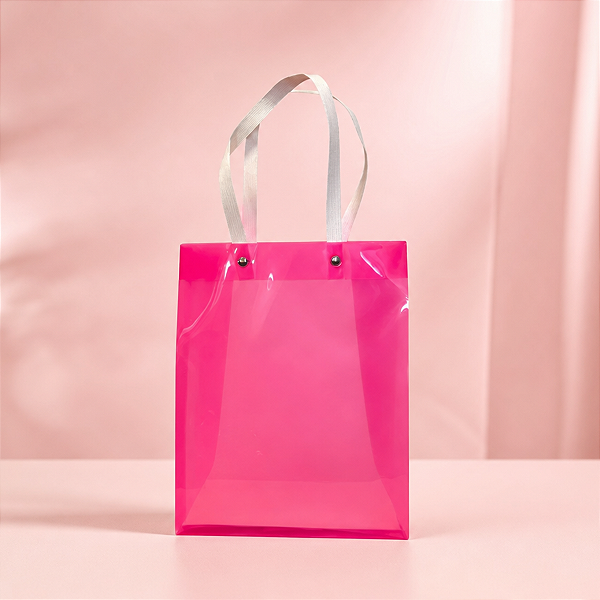 Sacola Transparente PVC com Alça de Fibra - Rosa - 19,5x14,5x9,5cm - 1 unidade - Rizzo