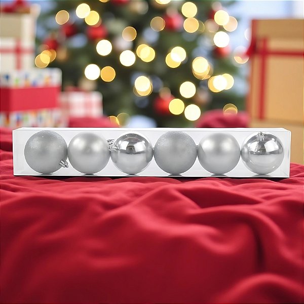 Bolas de Natal em Tubo - Prata Lisa, Matte e Glitter - 4cm - 6 unidades - Cromus - Rizzo