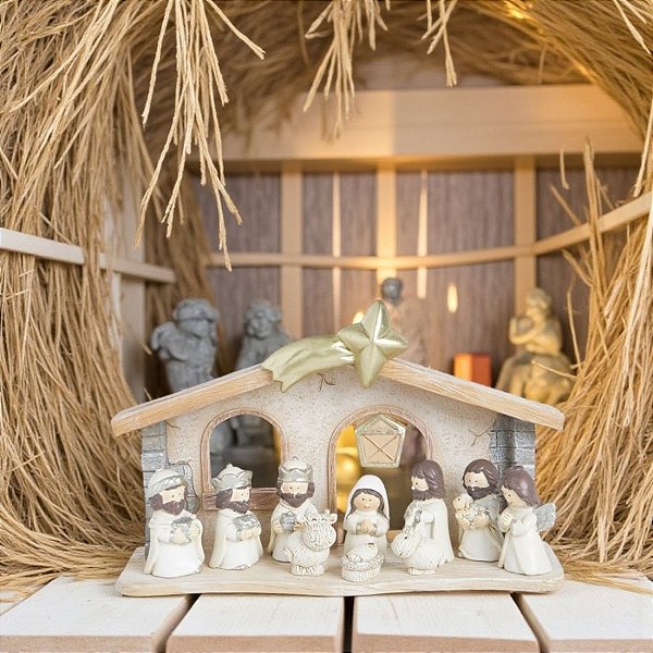 Enfeite De Natal em Resina - Presépio - Marrom/Branco/Ouro - 19x10,5cm - 1 unidade - Cromus - Rizzo