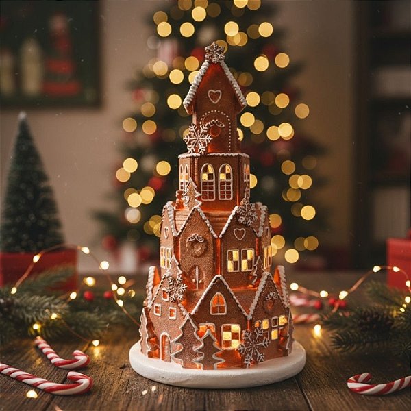 Enfeite De Natal Em Resina - Castelo Ginger - Marrom e Branco - 20,5x14cm - 1 unidade - Cromus - Rizzo
