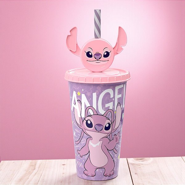 Copo de Plástico com Tampa e Canudo Pin Angel - 500ml - 1 unidade - Disney Original - Rizzo