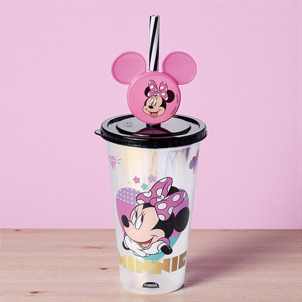 Copo de Plástico com Tampa e Canudo Pin Minnie Rosa - Holográfico - 500ml - 1 unidade - Disney Original - Rizzo