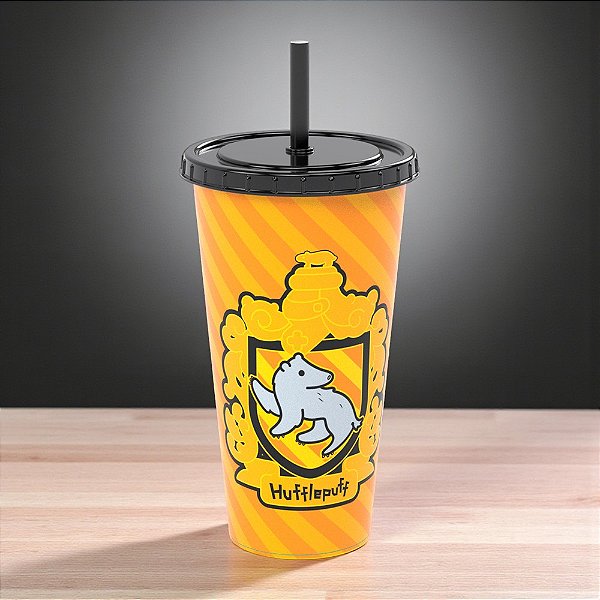 Copo de Plástico com Tampa e Canudo Hufflepuff - Harry Potter - 700ml - 1 unidade - Plasútil - Rizzo