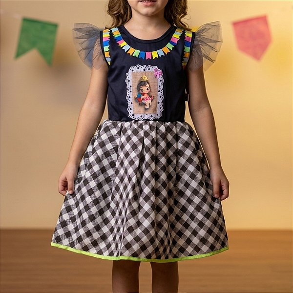 Vestido de Festa Junina Colorido - Bonequinha - Preto e Xadrez - G - 1 unidade - Rizzo