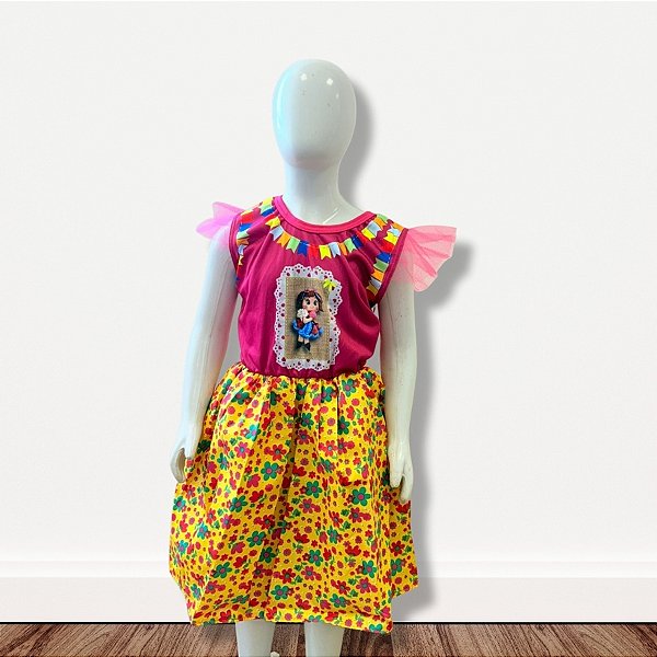 Vestido de Festa Junina Colorido - Bonequinha - Rosa e Amarelo Florido - G - 1 unidade - Rizzo