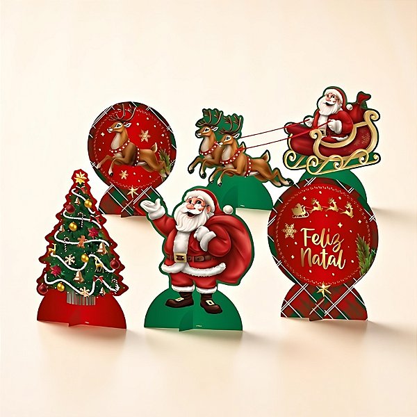 Decoração de Mesa - Papei Noel, Renas e Árvore de Natal - 18,5x20x9cm - 4 unidades - Regina - Rizzo