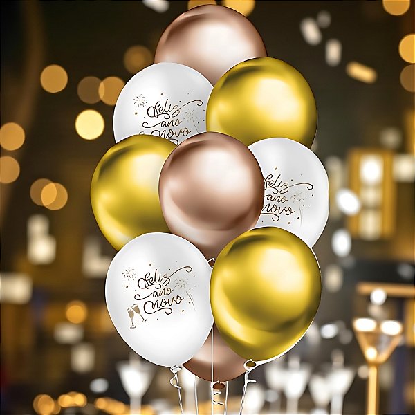 Balão de Festa Redondo Decorado 10"25cm Ano Novo - Ouro, Rose Gold e Branco - 10 unidades - Regina - Rizzo