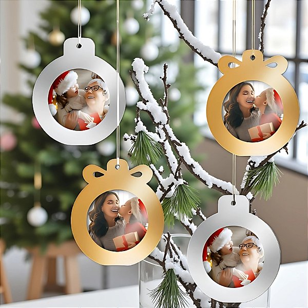 Enfeite Decorativo Para Pendurar de Natal - Suporte Para Foto Ouro e Prata - 9x10,5cm - 4 unidades - Regina - Rizzo