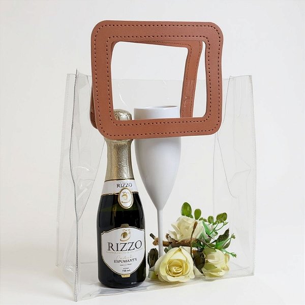 Sacola Transparente PVC com Alça Retangular Couro Rosa - 24x21x11cm - 1 unidade - Cromus - Rizzo