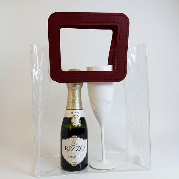 Sacola Transparente PVC com Alça Retangular Couro Marsala - 16,4x14,2x7,3cm - 10 unidades - Cromus - Rizzo