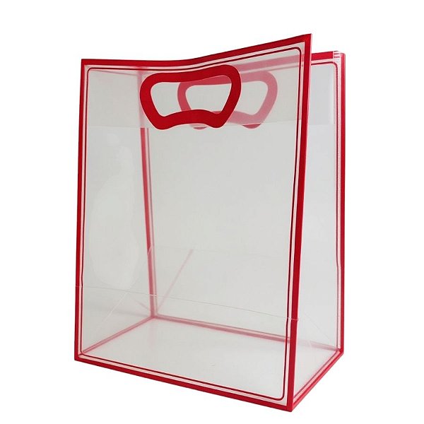 Sacola Transparente Fosca Pvc Alça Plana Vermelho - 30x23x15cm - 10 unidades - 10 unidades - Cromus - Rizzo