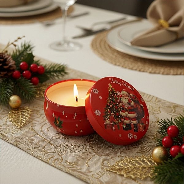 Vela Aromática De Natal - Lata Metálica Feliz Natal Noel e Árvore - 96g  - 1 unidade - Rizzo