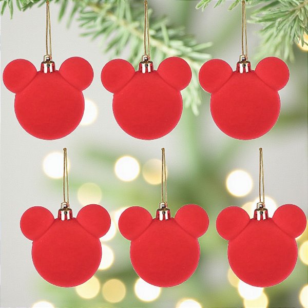 Bola de Natal - Mickey - Aveludada Vermelha - 6cm - 6 unidades - Disney Original - Rizzo