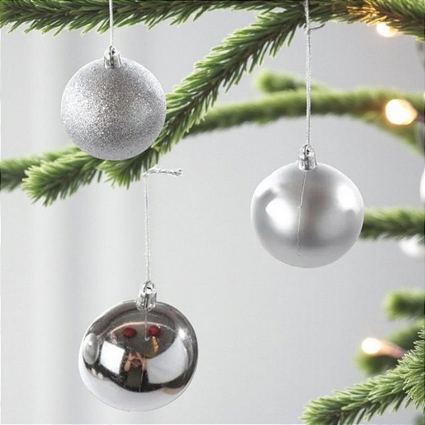 Bolas de Natal em Tubo - Prata Fosco/Brilho com Glitter - 10x10cm - 6 unidades - Cromus - Rizzo