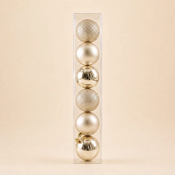 Bolas de Natal em Tubo - Champagne Fosco com Glitter - 8x8cm - 6 unidades - Cromus - Rizzo